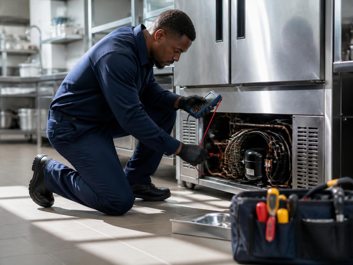 Technician diagnosing commercial refrigeration equipment