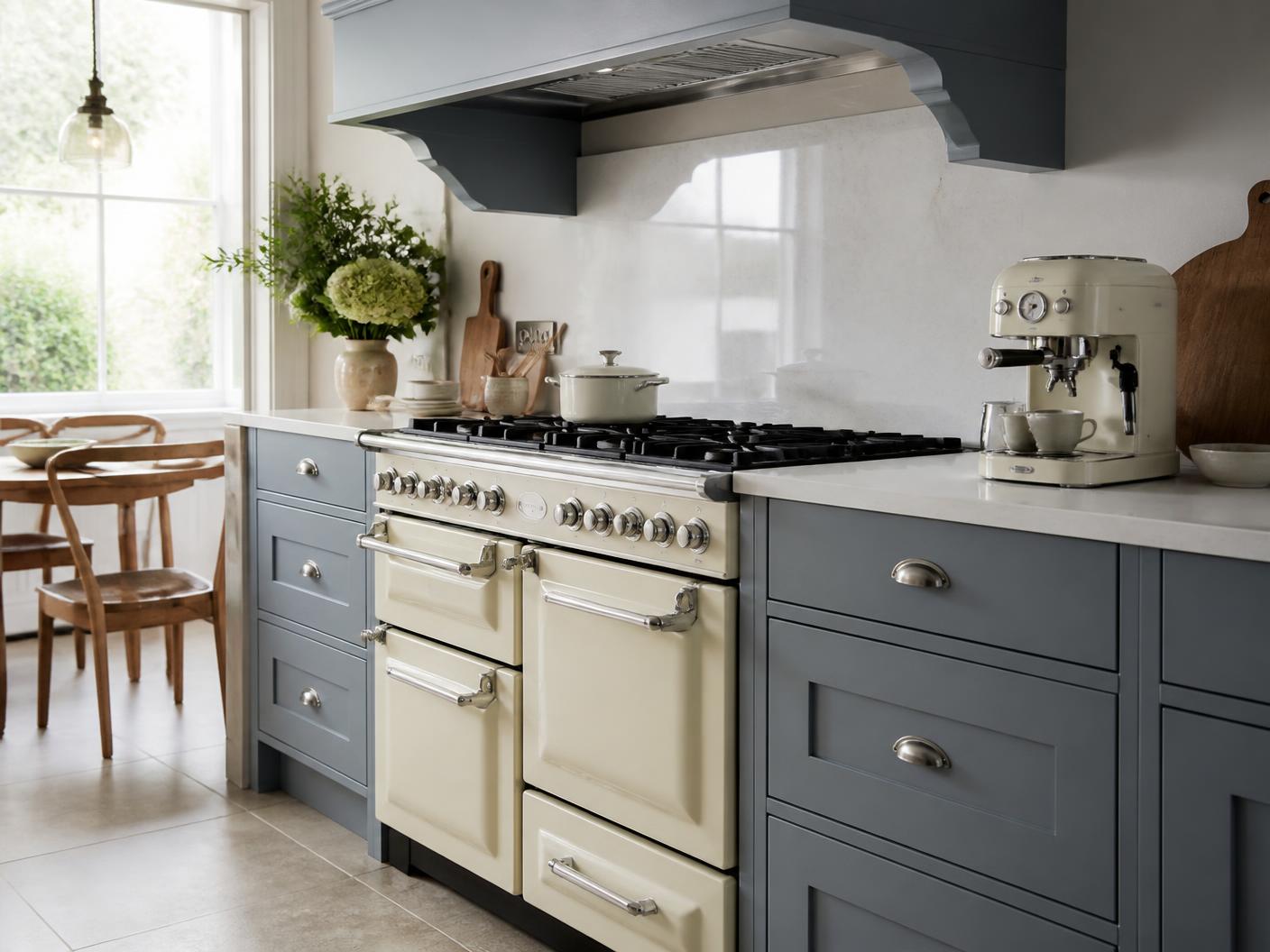 Premium retro-style cooker and coffee machine in a modern kitchen
