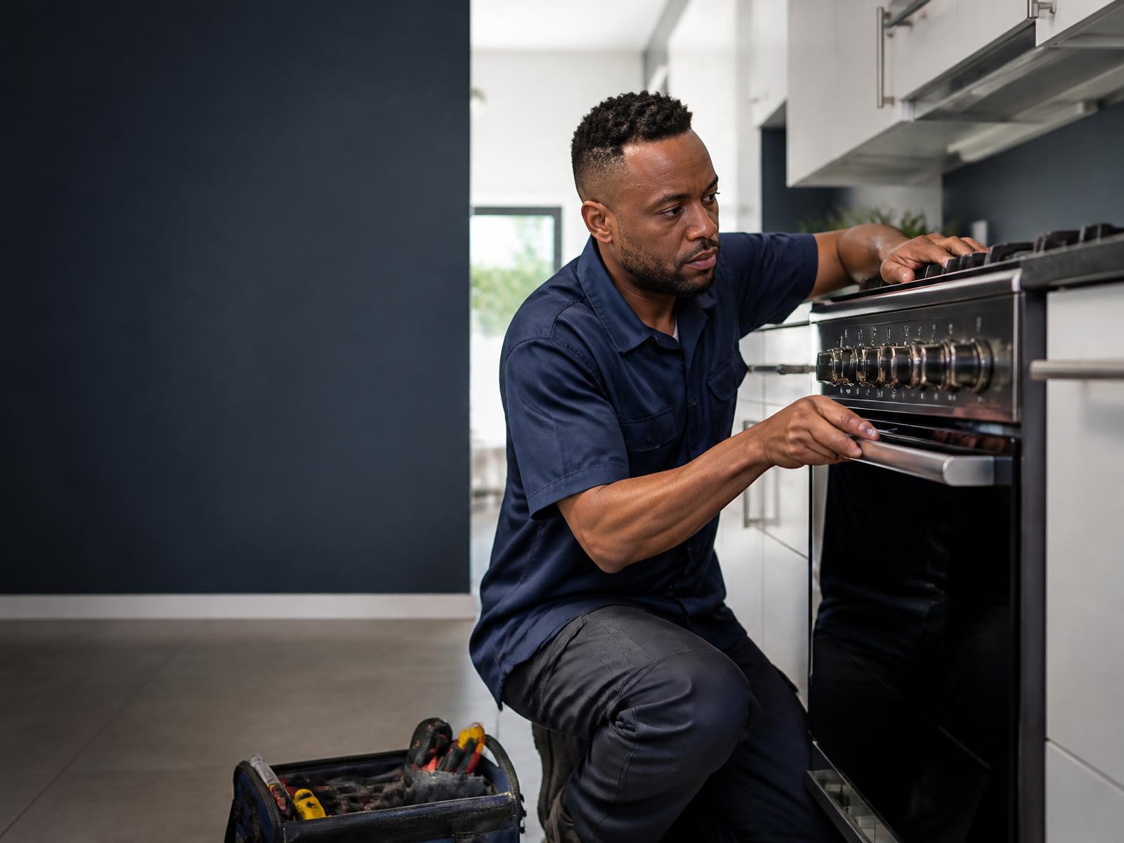 Professional appliance technician repairing a stove in a customer's kitchen